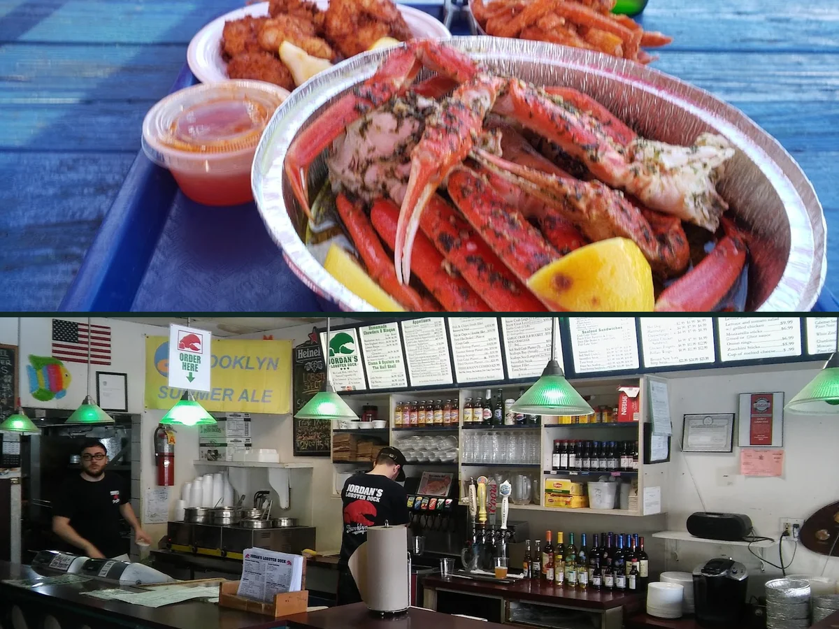 Fresh seafood market display beside restaurant seating.