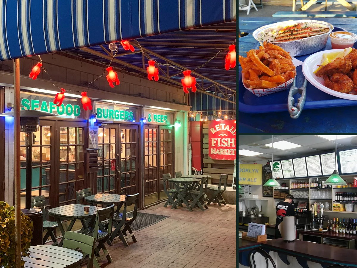 Fresh seafood market display beside restaurant seating.