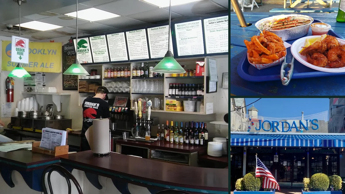Fresh seafood market display beside restaurant seating.